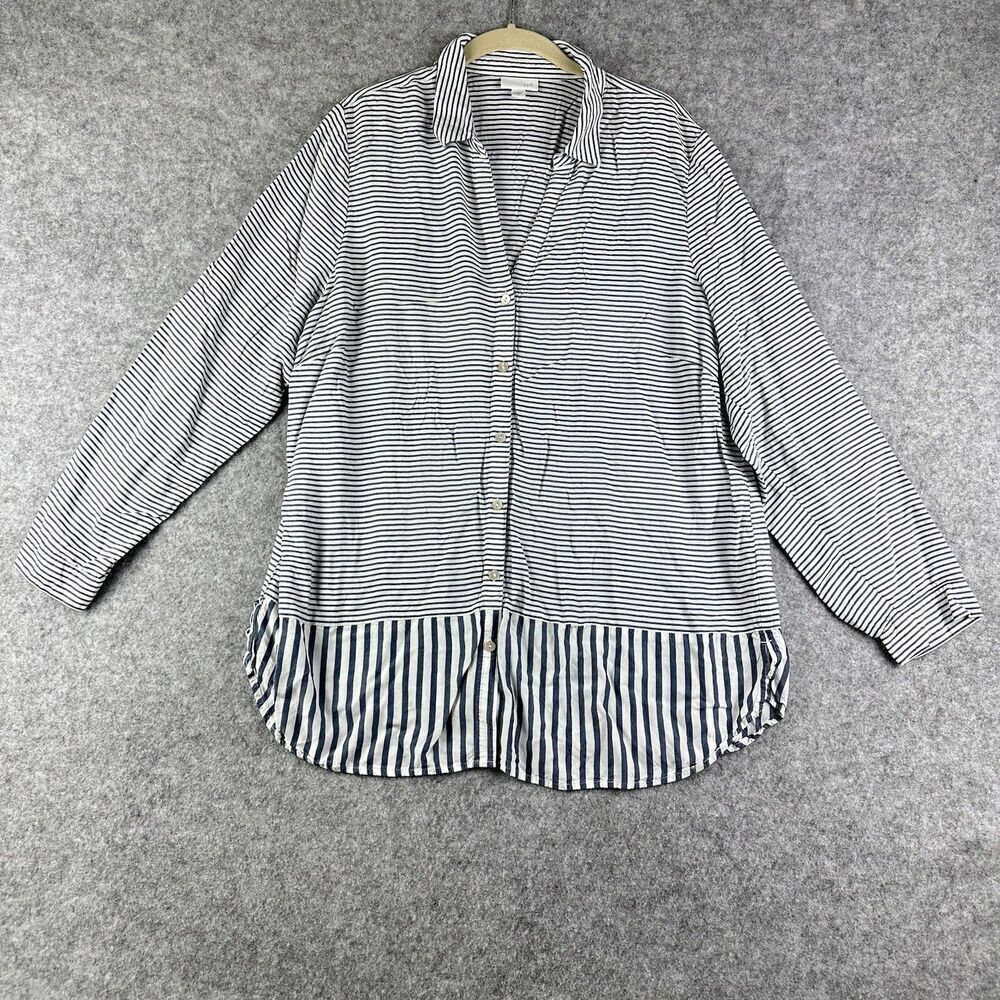 J Jill Tunic Top Womens XL Blue Striped Button Rayon Lightweight Coastal Beach*